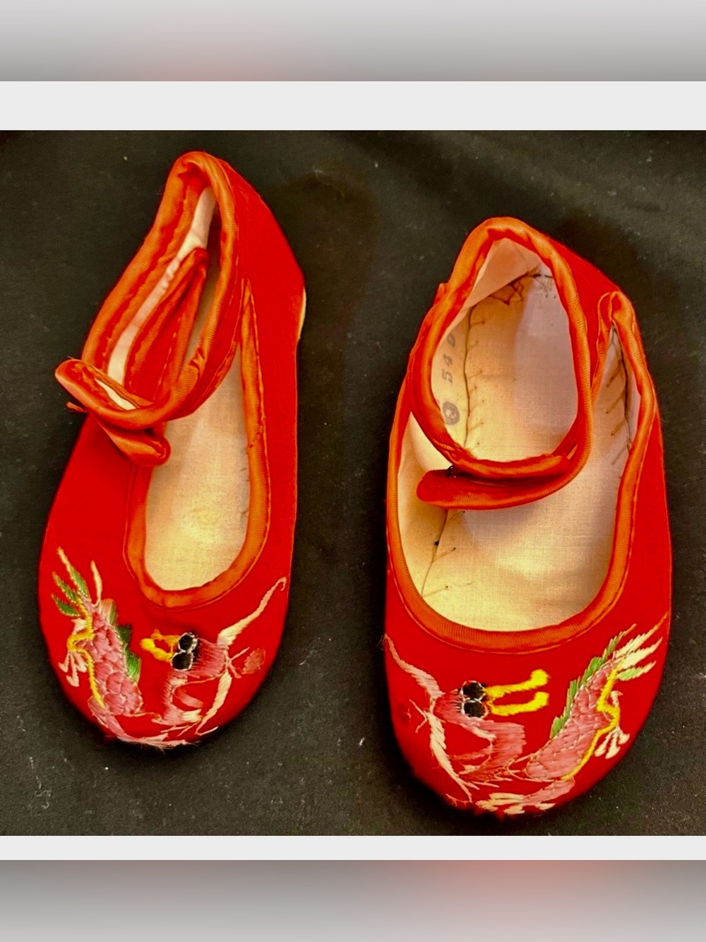 VTG Chinese Embroidered Silk Red Dragon Baby Slippers Shoes Doll Display Sz 6